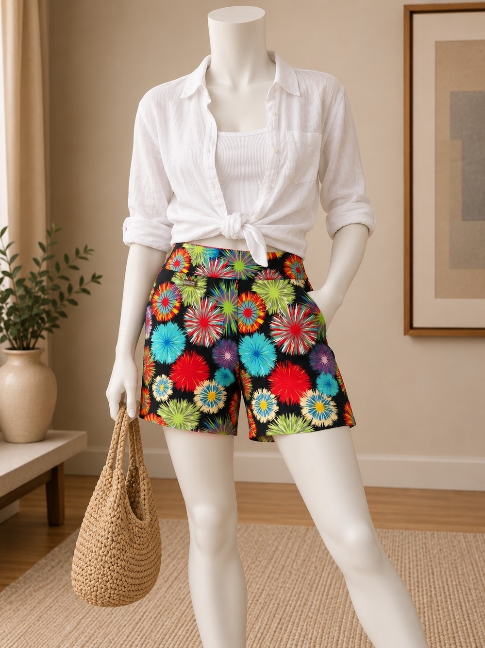 Peck & Peck Women’s Multicolor Fireworks Starburst Bermuda Shorts Black